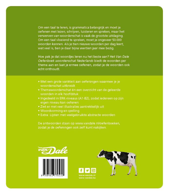 Achterzijde van het boek 'Van Dale Oefenboek woordenschat Nederlands'