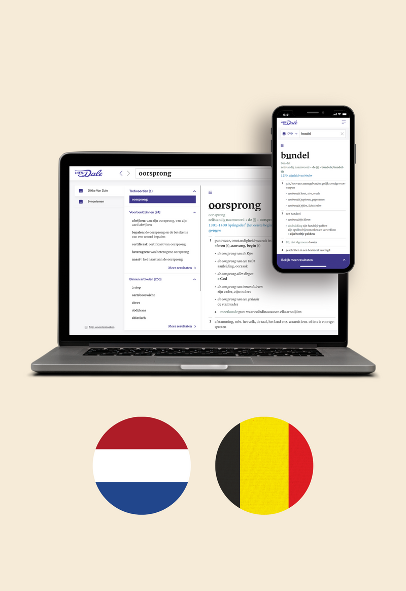 Op de afbeelding staan een laptop en een mobiel met daarop een schermafbeelding van Van Dale Online. Daaronder staan twee cirkels met daarin de vlaggen van Nederland en België