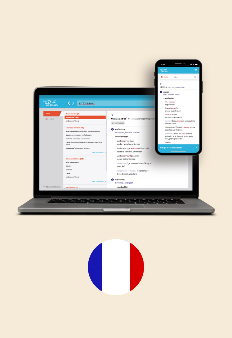 Op de afbeelding staan een laptop en een mobiel met daarop een schermafbeelding van Van Dale Online op school. Daaronder staat een cirkel met daarin de vlag van Frankrijk