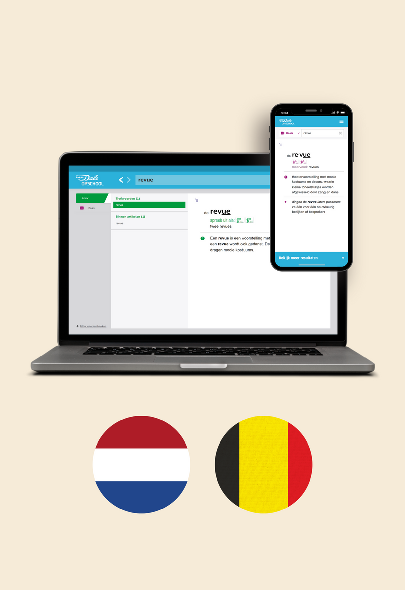 Op de afbeelding staan een laptop en een mobiel met daarop een schermafbeelding van Van Dale Online op school. Daaronder staan twee cirkels met daarin de vlaggen van Nederland en België
