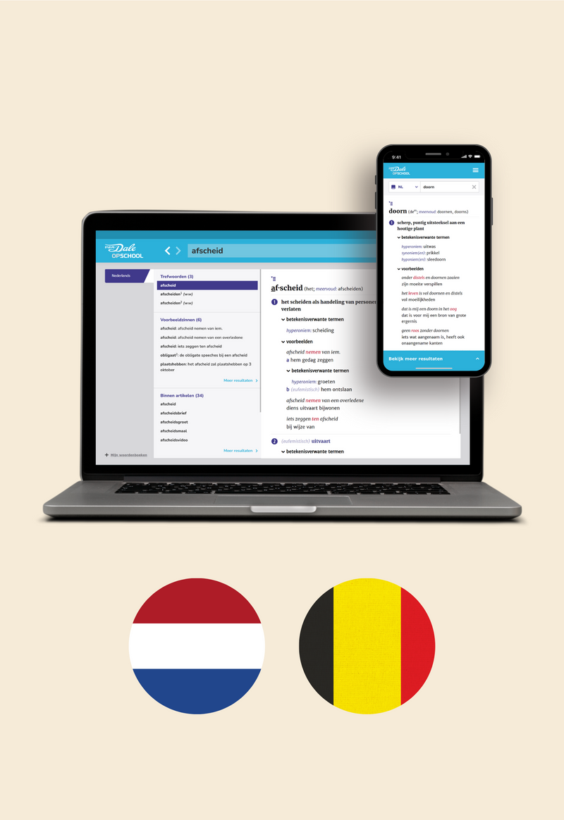 Op de afbeelding staan een laptop en een mobiel met daarop een schermafbeelding van Van Dale Online op school. Daaronder staan twee cirkels met daarin de vlaggen van Nederland en België