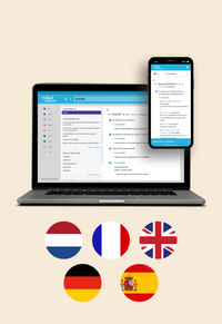 Op de afbeelding staan een laptop en een mobiel met daarop een schermafbeelding van Van Dale Online op school. Daaronder staan vijf cirkels met daarin de vlagen van Nederland, Frankrijk, Engeland, Duitsland en Spanje