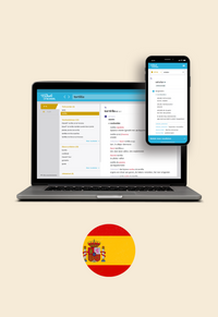 Op de afbeelding staan een laptop en een mobiel met daarop een schermafbeelding van Van Dale Online op school. Daaronder staat een cirkel met daarin de vlag van Spanje