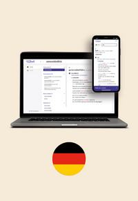 Op de afbeelding staan een laptop en een mobiel met daarop een schermafbeelding van Van Dale Online. Daaronder staat een cirkel met daarin de vlag van Duitsland
