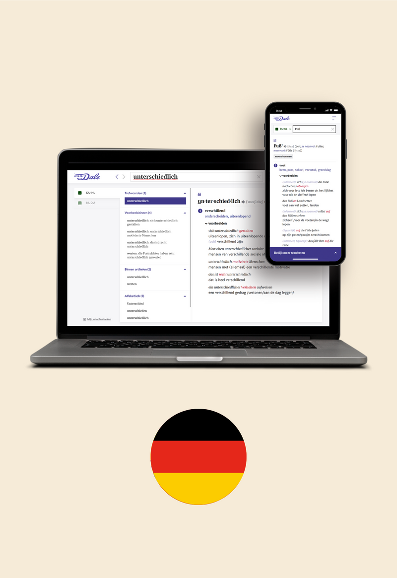 Op de afbeelding staan een laptop en een mobiel met daarop een schermafbeelding van Van Dale Online. Daaronder staat een cirkel met daarin de vlag van Duitsland