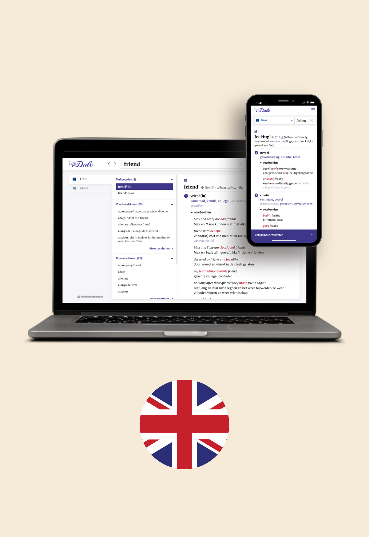 Op de afbeelding staan een laptop en een mobiel met daarop een schermafbeelding van Van Dale Online. Daaronder staat een cirkel met daarin de vlag van Engeland
