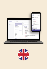 Op de afbeelding staan een laptop en een mobiel met daarop een schermafbeelding van Van Dale Online. Daaronder staat een cirkel met daarin de vlag van Engeland