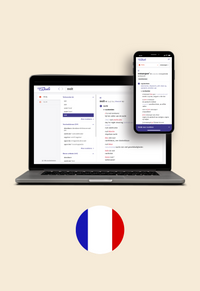 Op de afbeelding staan een laptop en een mobiel met daarop een schermafbeelding van Van Dale Online. Daaronder staat een cirkel met daarin de vlag van Frankrijk