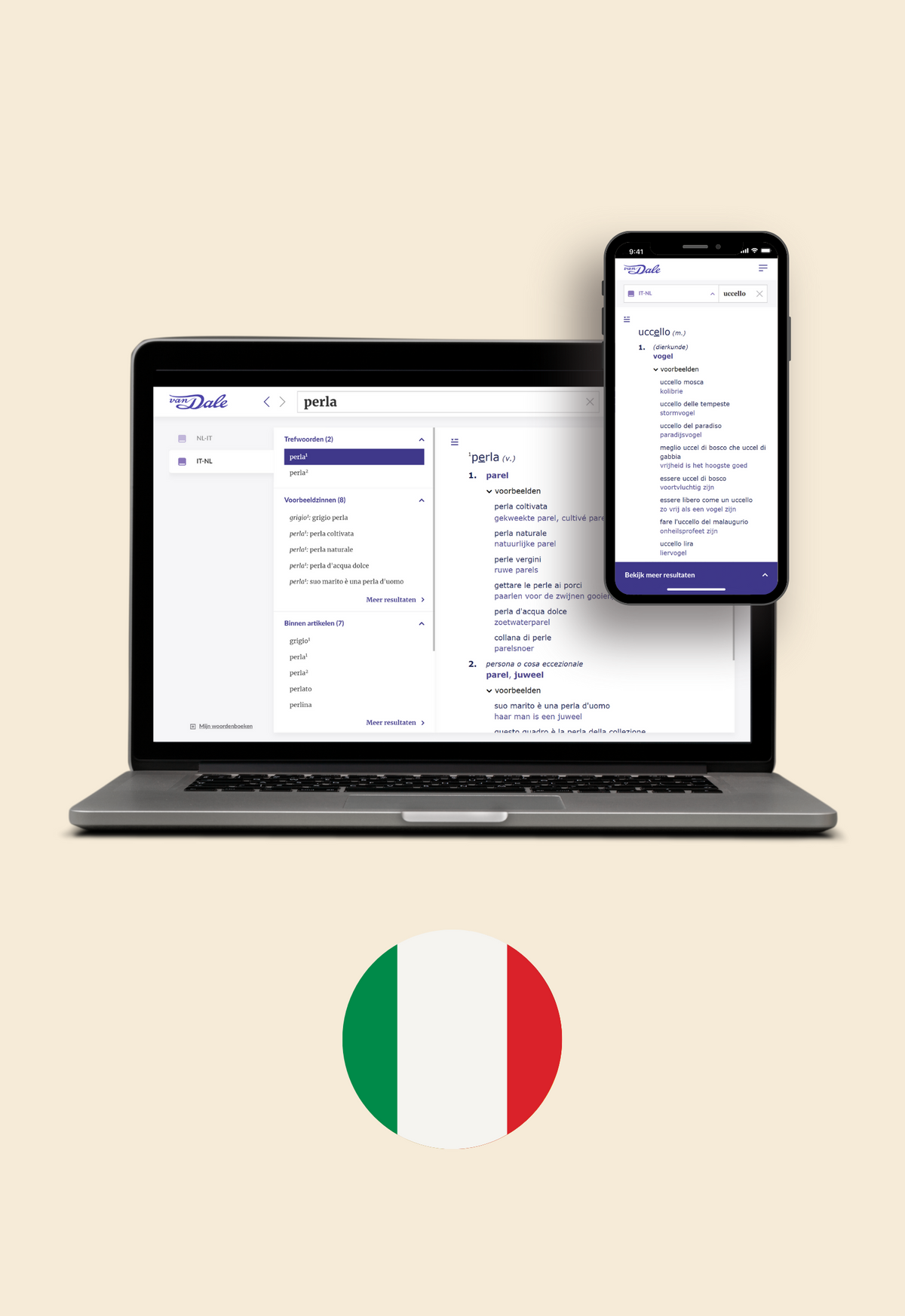Op de afbeelding staan een laptop en een mobiel met daarop een schermafbeelding van Van Dale Online. Daaronder staat een cirkel met daarin de vlag van Italië