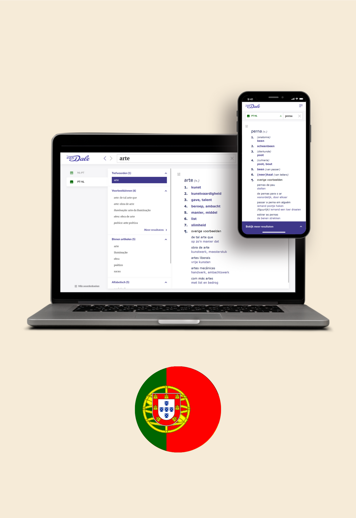 Op de afbeelding staan een laptop en een mobiel met daarop een schermafbeelding van Van Dale Online. Daaronder staat een cirkel met daarin de vlag van Portugal
