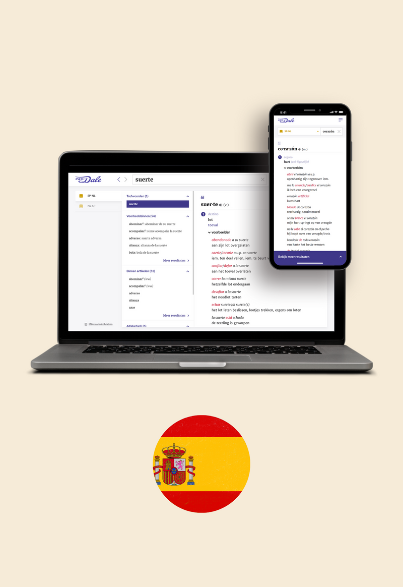 Op de afbeelding staan een laptop en een mobiel met daarop een schermafbeelding van Van Dale Online. Daaronder staat een cirkel met daarin de vlag van Spanje