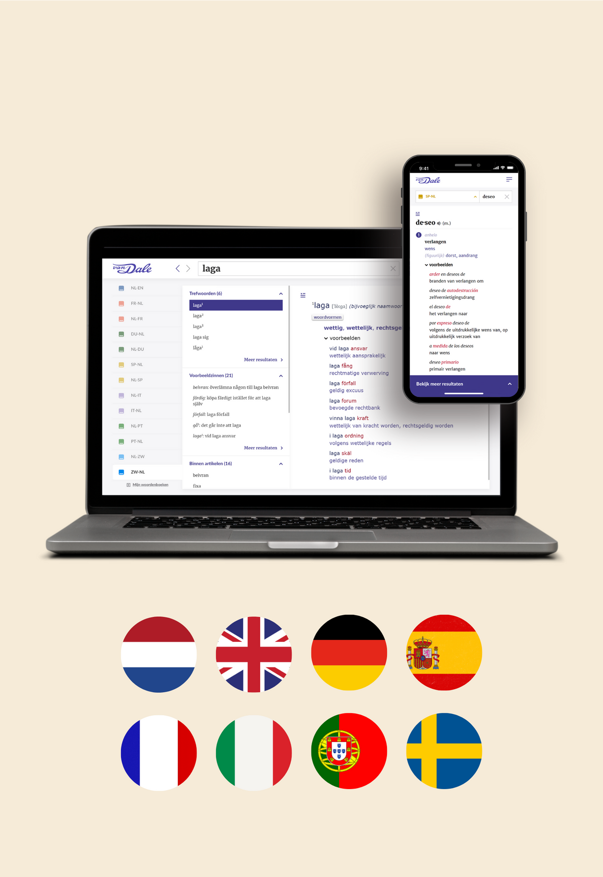 Op de afbeelding staan een laptop en een mobiel met daarop een schermafbeelding van Van Dale Online. Daaronder staan acht cirkels met daarin de vlaggen van Nederland, Engeland, Duitsland, Spanje, Frankrijk, Italië, Portugal en Zweden