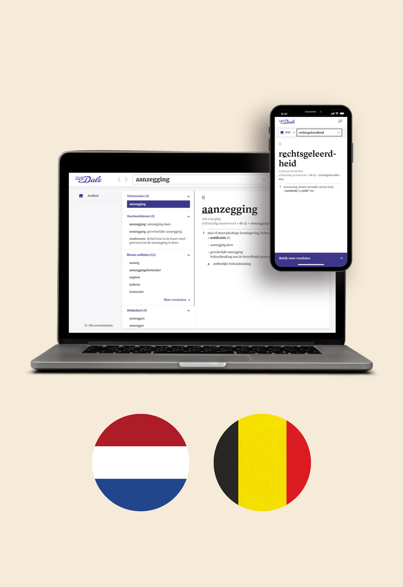 Op de afbeelding staan een laptop en een mobiel met daarop een schermafbeelding van Van Dale Online met het Fockema Andreae's Juridisch woordenboek. Daaronder staan twee cirkels met daarin de vlaggen van Nederland en België