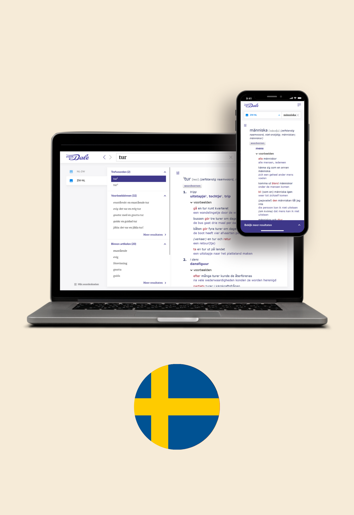 Op de afbeelding staan een laptop en een mobiel met daarop een schermafbeelding van Van Dale Online. Daaronder staat een cirkel met daarin de vlag van Zweden