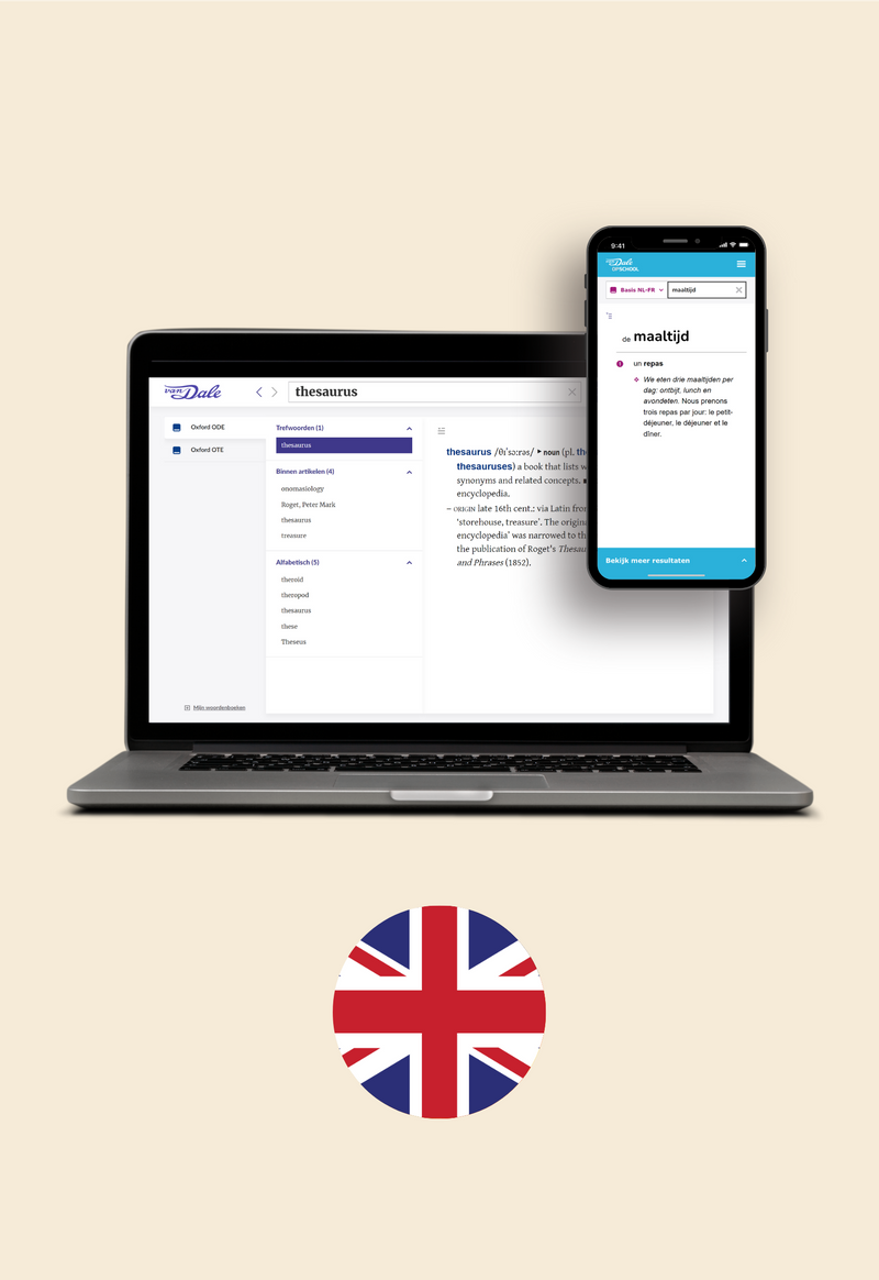 Op de afbeelding staan een laptop met daarop een schermafbeelding van Van Dale Online en een mobiel met daarop een schermafbeelding van Van Dale Online op school met de Oxford Dictionary & Thesaurus Online. Daaronder staat een cirkel met daarin de vlag van Engeland