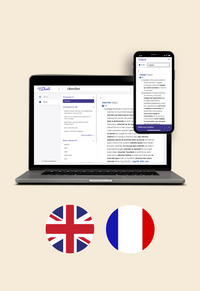 Op de afbeelding staan een laptop en een mobiel met daarop een schermafbeelding van Van Dale Online met Oxford-Hachette Online. Daaronder staan twee cirkels met daarin de vlaggen van Engeland en Frankrijk