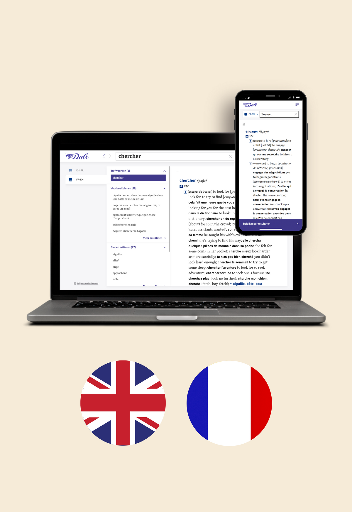 Op de afbeelding staan een laptop en een mobiel met daarop een schermafbeelding van Van Dale Online met Oxford-Hachette Online. Daaronder staan twee cirkels met daarin de vlaggen van Engeland en Frankrijk