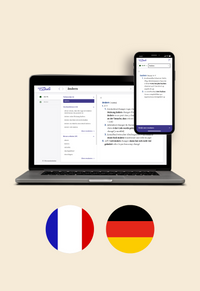 Op de afbeelding staan een laptop en een mobiel met daarop een schermafbeelding van Van Dale Online met PONS Online Frans-Duits/Duits-Frans. Daaronder staan twee cirkels met daarin de vlaggen van Frankrijk en Duitsland