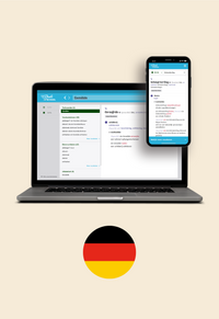 Op de afbeelding staan een laptop en een mobiel met daarop een schermafbeelding van Van Dale Online op school. Daaronder staat een cirkel met daarin de vlag van Duitsland