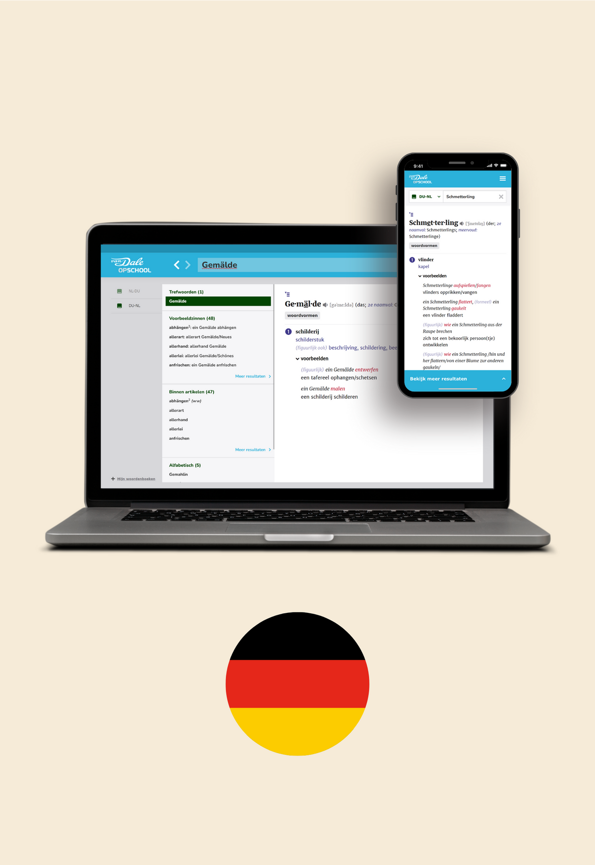 Op de afbeelding staan een laptop en een mobiel met daarop een schermafbeelding van Van Dale Online op school. Daaronder staat een cirkel met daarin de vlag van Duitsland