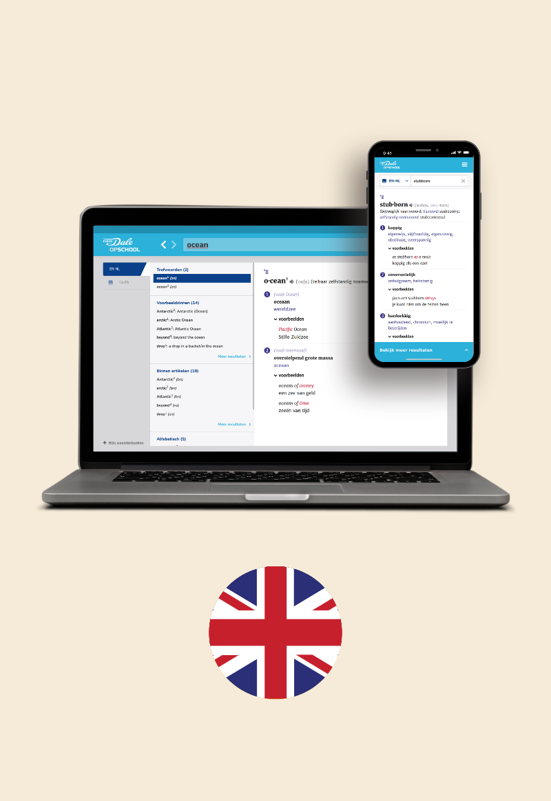 Op de afbeelding staan een laptop en een mobiel met daarop een schermafbeelding van Van Dale Online op school. Daaronder staat een cirkel met daarin de vlag van Engeland