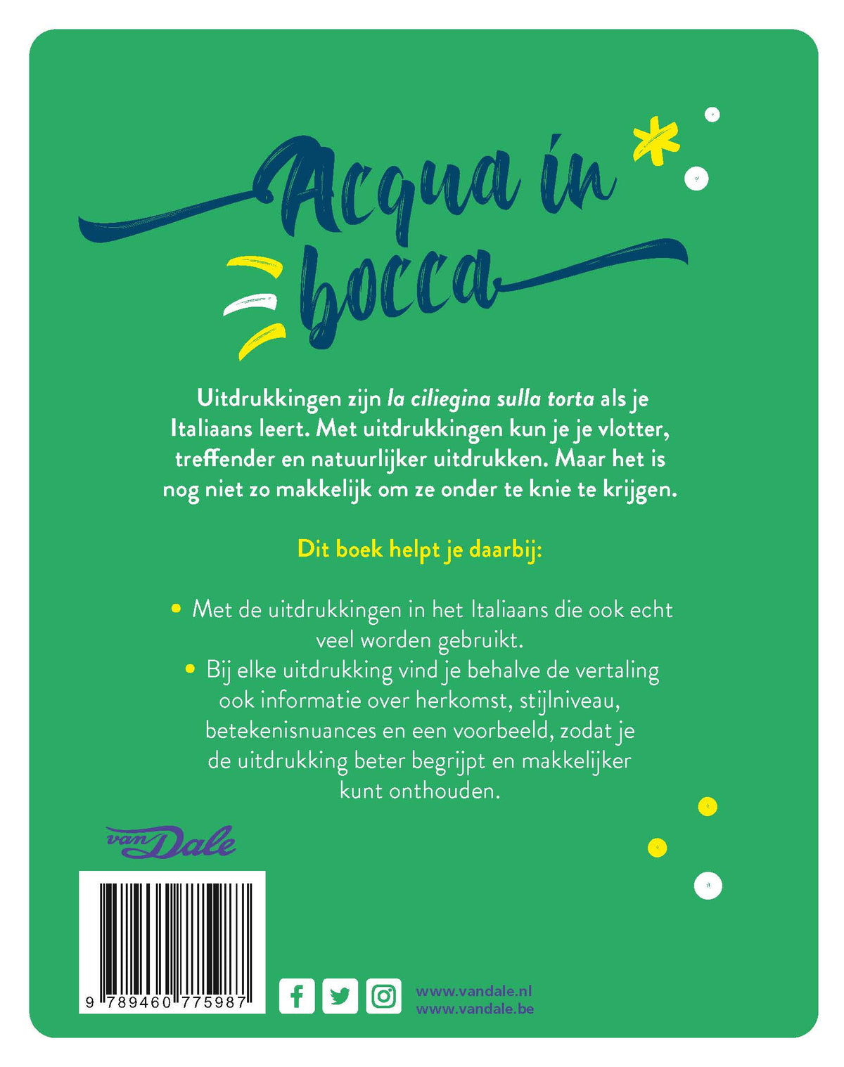 Achterzijde van het boek 'Van Dale Uitdrukkingenboek Italiaans - Acqua in bocca'