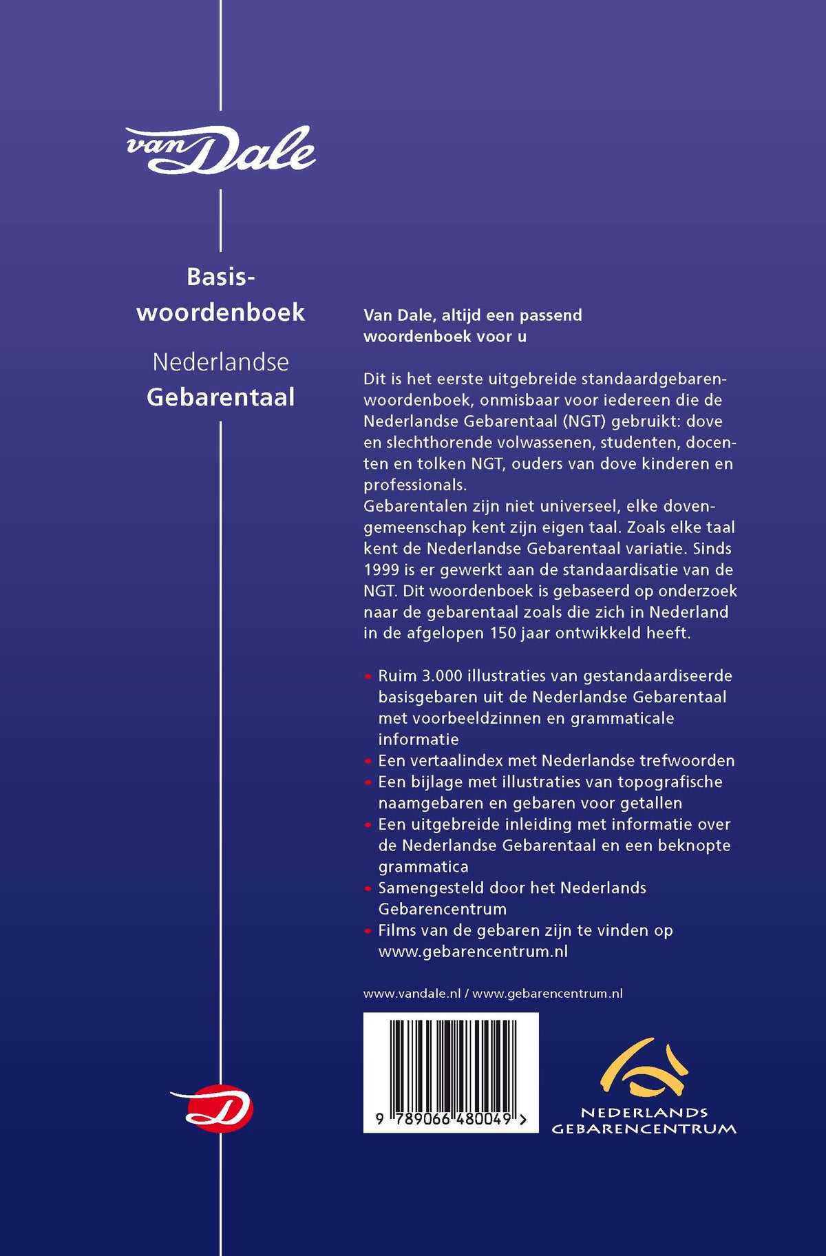 Achterzijde van het boek 'Van Dale Basiswoordenboek Nederlandse gebarentaal'