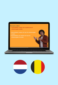 Op de afbeelding staat een laptop met een schermafbeelding van een video uit  de Van Dale E-learning Helder zakelijk schrijven. Daaronder staan twee cirkels met daarin de vlaggen van Nederland en België.