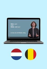 Op de afbeelding staat een laptop met daarop een schermafbeelding van een video uit de Van Dale E-learning Werkwoordspelling. Daaronder staan twee cirkels met daarin de vlaggen van  Nederland en België. 