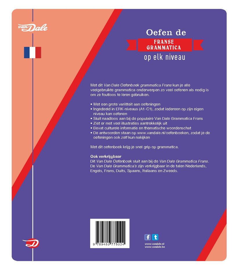 Achterzijde van het boek 'Van Dale Oefenboek grammatica Frans'