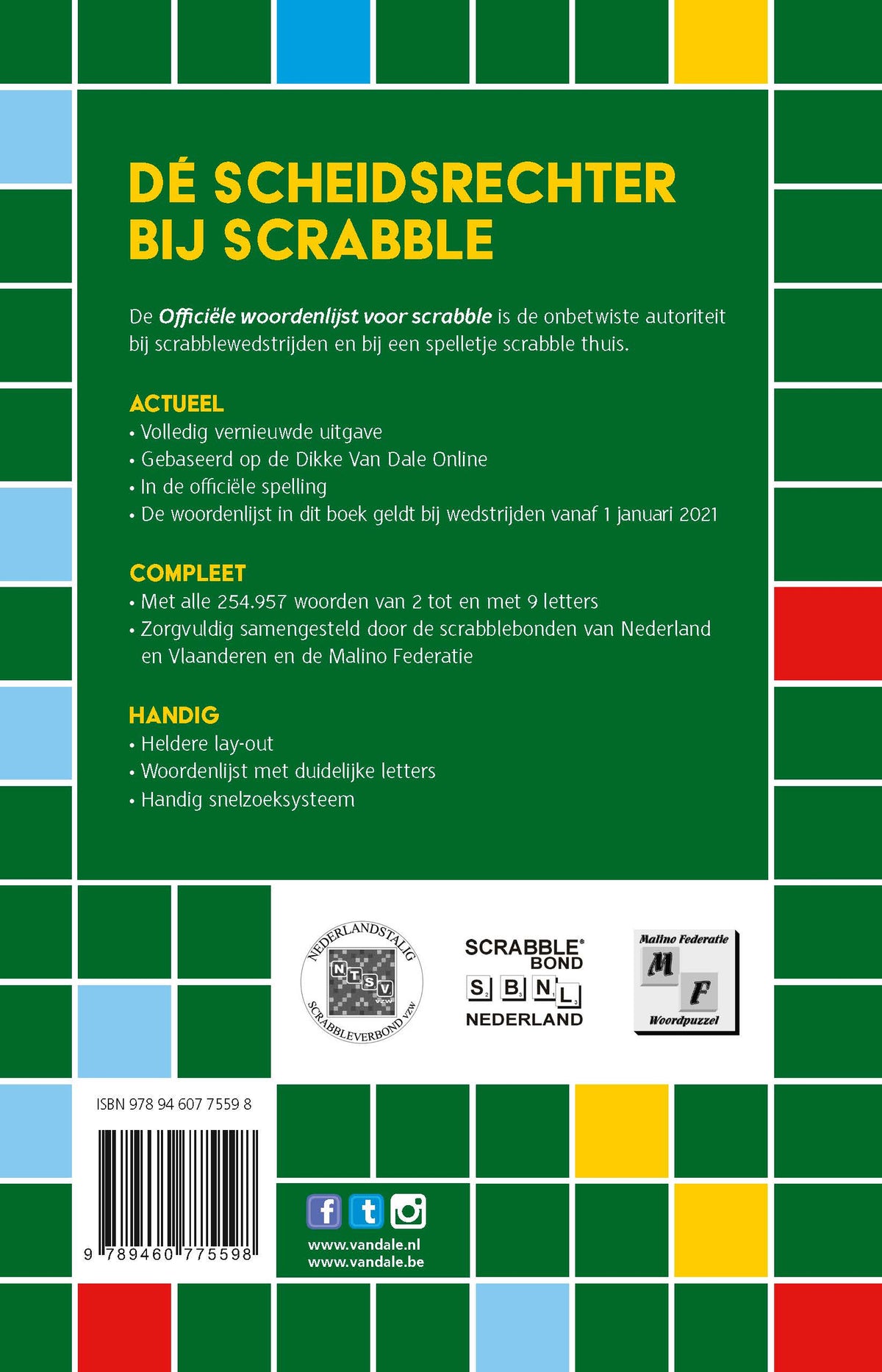 Achterzijde van het boek 'Officiële woordenlijst voor Scrabble'