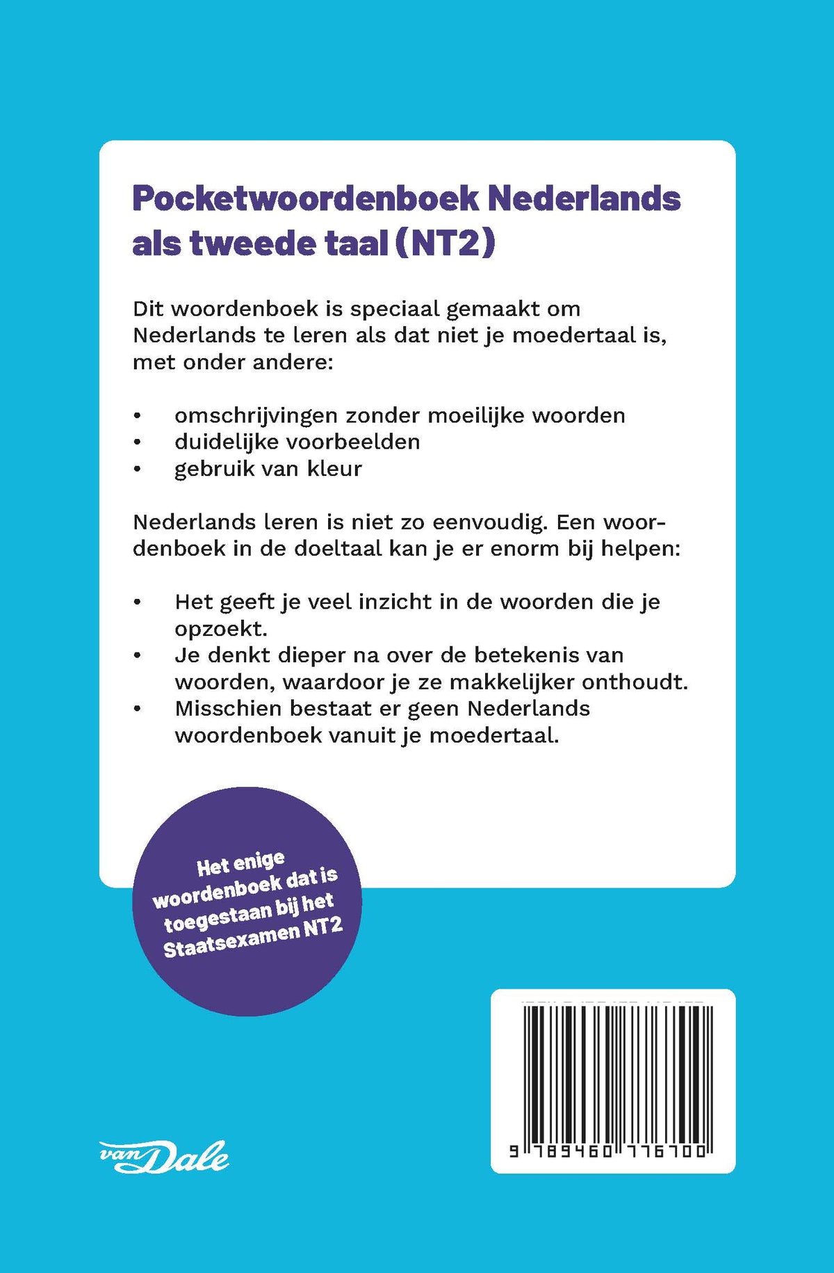 Achterzijde van het boek 'Van Dale Pocketwoordenboek NT2'