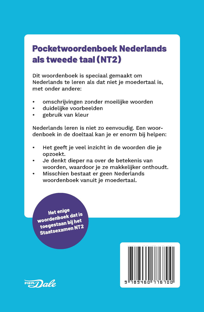Achterzijde van het boek 'Van Dale Pocketwoordenboek NT2'