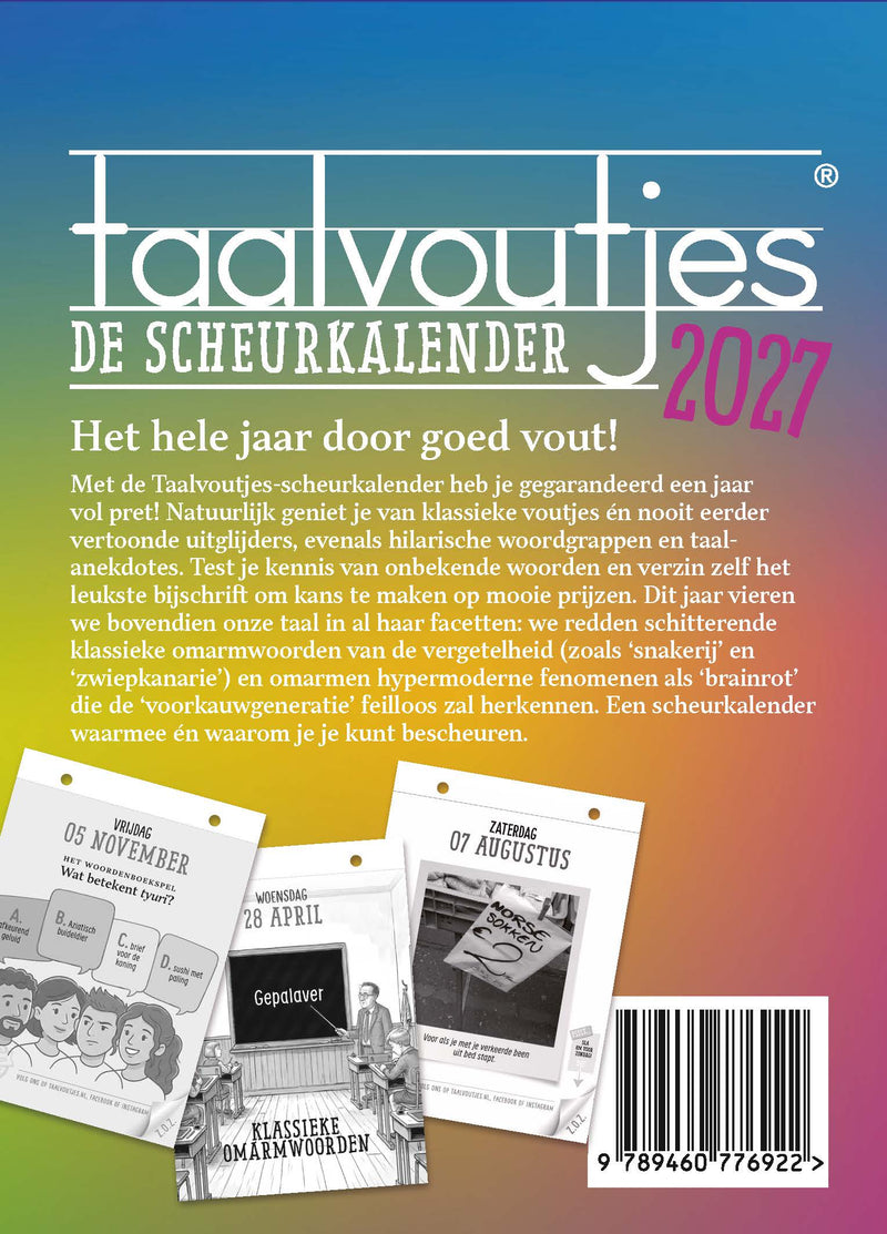 Achterzijde van het boek 'Taalvoutjes Scheurkalender 2027'