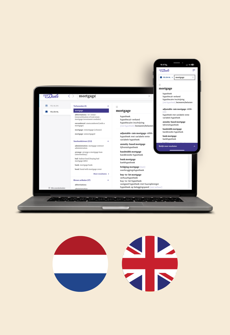 Op de afbeelding staan een laptop en een mobiel met daarop een schermafbeelding van Van Dale Financieel-economisch lexicon. Daaronder staat twee cirkels met daarin de vlaggen van Nederland en Engeland