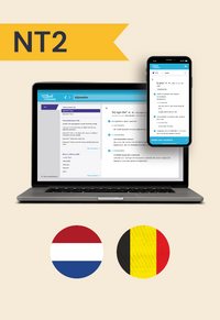 Op de afbeelding staan een laptop en een mobiel met daarop een schermafbeelding van Van Dale Online op school. Daaronder staan twee cirkels met daarin de vlaggen van Nederland en België