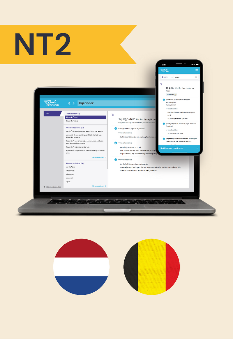Op de afbeelding staan een laptop en een mobiel met daarop een schermafbeelding van Van Dale Online op school. Daaronder staan twee cirkels met daarin de vlaggen van Nederland en België
