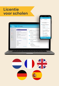 Op de afbeelding staan een laptop en een mobiel met een schermafbeelding van Van Dale Online. Onder de laptop staan vijf cirkels met daarin de vlaggen van Nederland, Frankrijk, Engeland, Duitsland en Frankrijk. Links bovenin de afbeelding is een banner te zien met daarop de woorden 'licentie voor scholen'