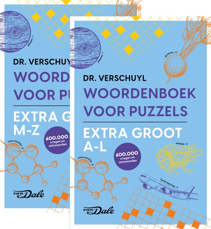 Voorzijdes van de boeken 'Van Dale Dr. Verschuyl Woordenboek voor Puzzels - extra groot A-L en M-Z'